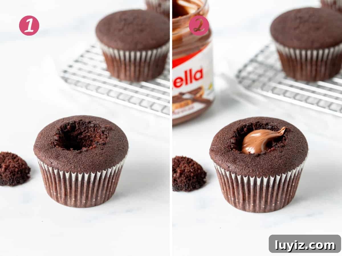 Decadent Nutella Cupcakes Recipe with Chocolate Hazelnut Swirl 4 Chocolate cupcake with hole cut out, and cupcake with hole filled with Nutella