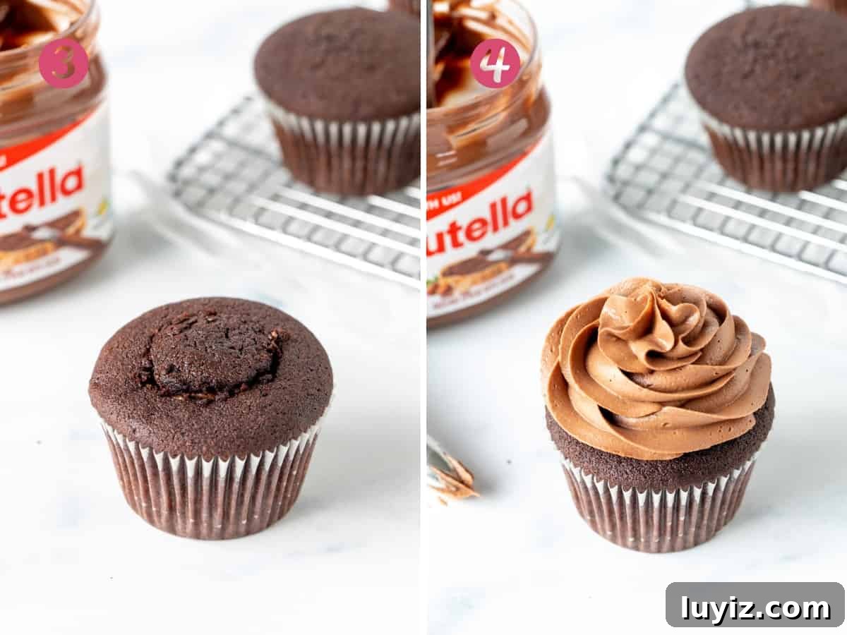 Decadent Nutella Cupcakes Recipe with Chocolate Hazelnut Swirl 5 Stuffed Nutella cupcake without frosting, and stuffed Nutella cupcake with Nutella frosting