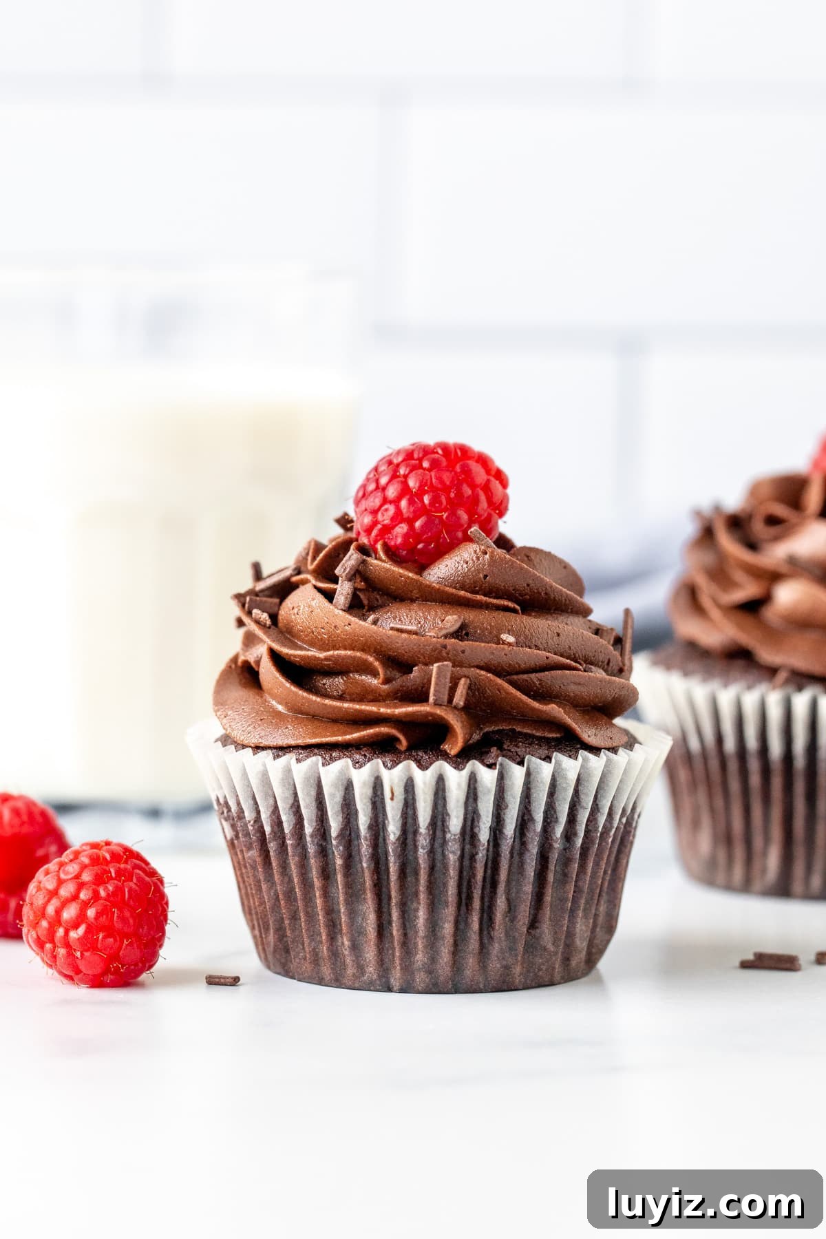 Decadent Chocolate Cupcakes Recipe for Two 3 Chocolate cupcake with chocolate frosting and a raspberry on top with glass of milk