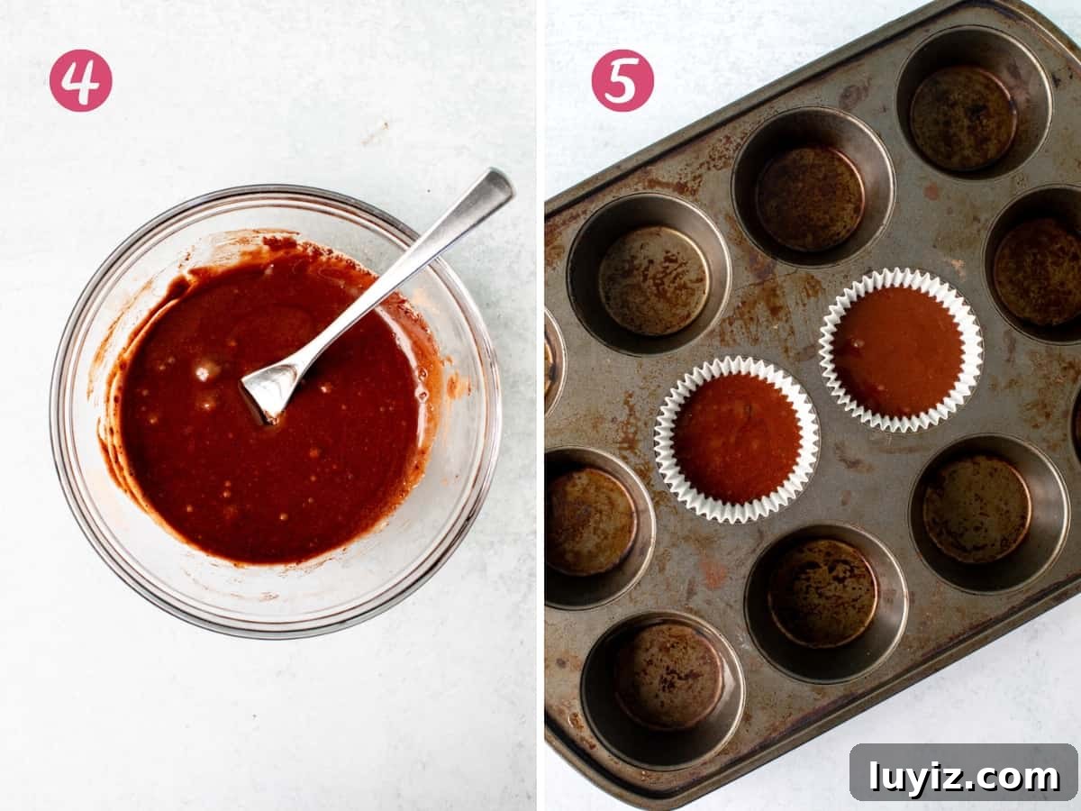 Decadent Chocolate Cupcakes Recipe for Two 5 Small bowl of chocolate cupcake batter and two unbaked chocolate cupcakes in muffin pan