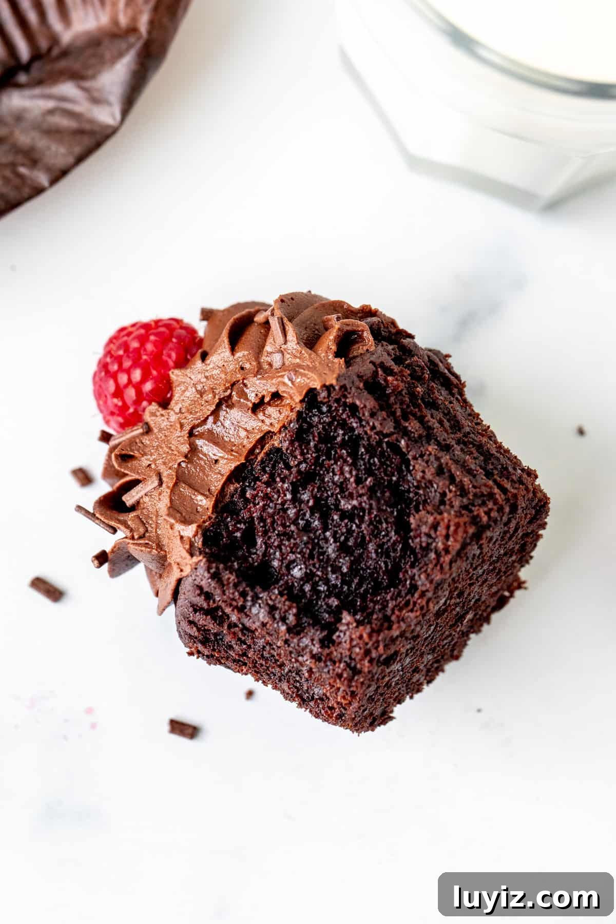 Decadent Chocolate Cupcakes Recipe for Two 6 Chocolate cupcake on its side with a bite taken out