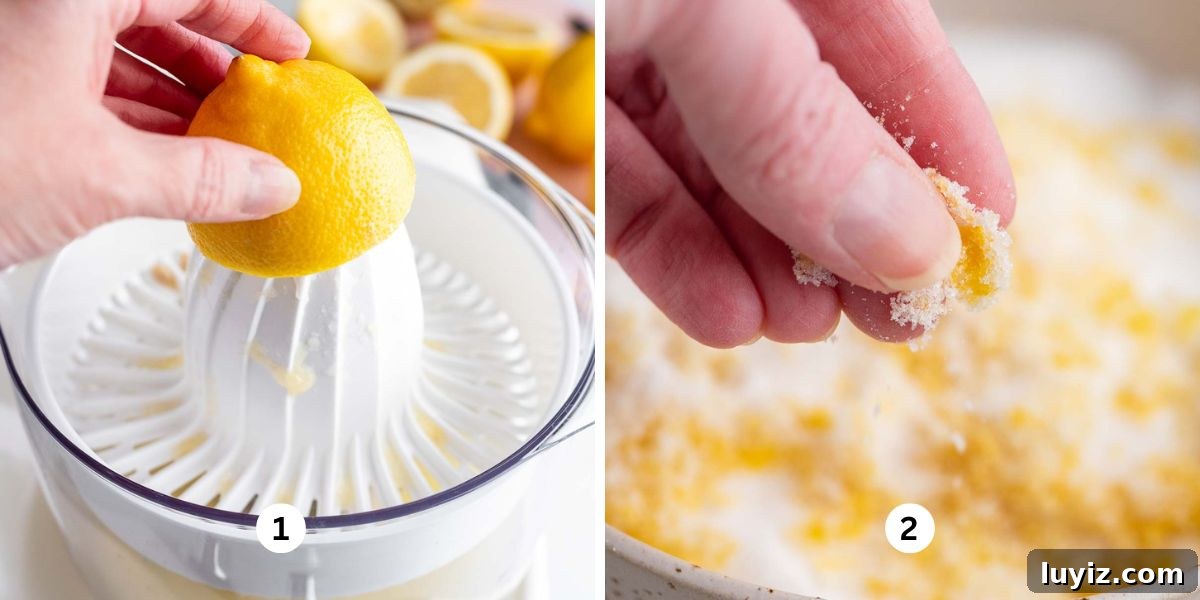 Creamy Lemon Cheesecake Recipe with Zesty Citrus Glaze 8 Juicing lemons using a citrus press and rubbing lemon zest and granulated sugar together.