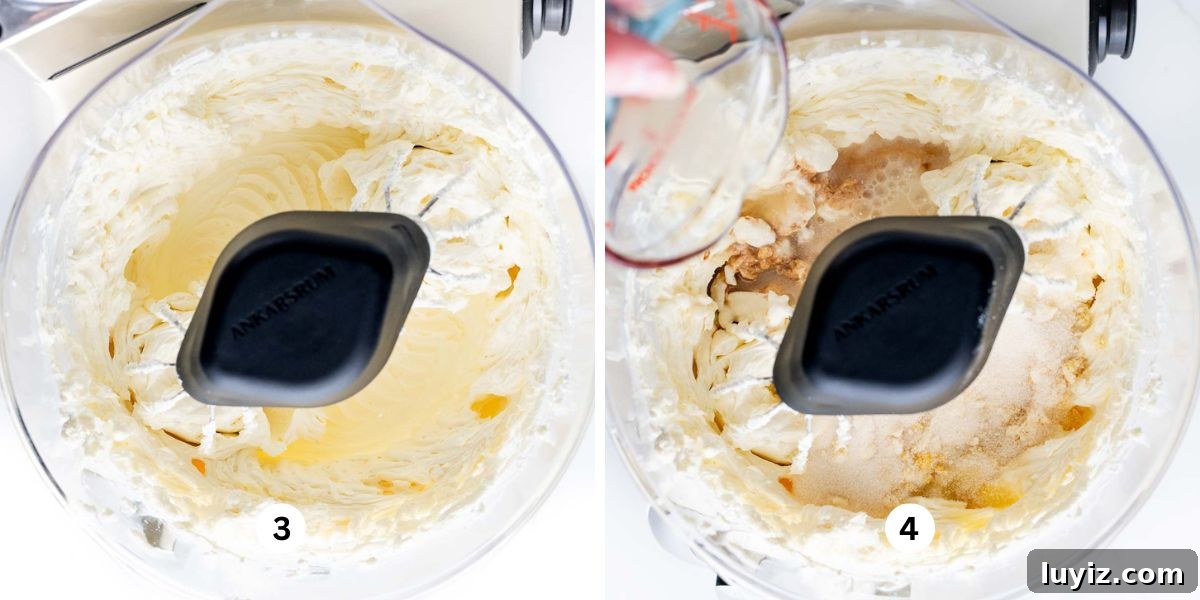 Creamy Lemon Cheesecake Recipe with Zesty Citrus Glaze 9 Mixing cream cheese on high speed in a mixer then adding in lemon juice to the cheesecake batter.