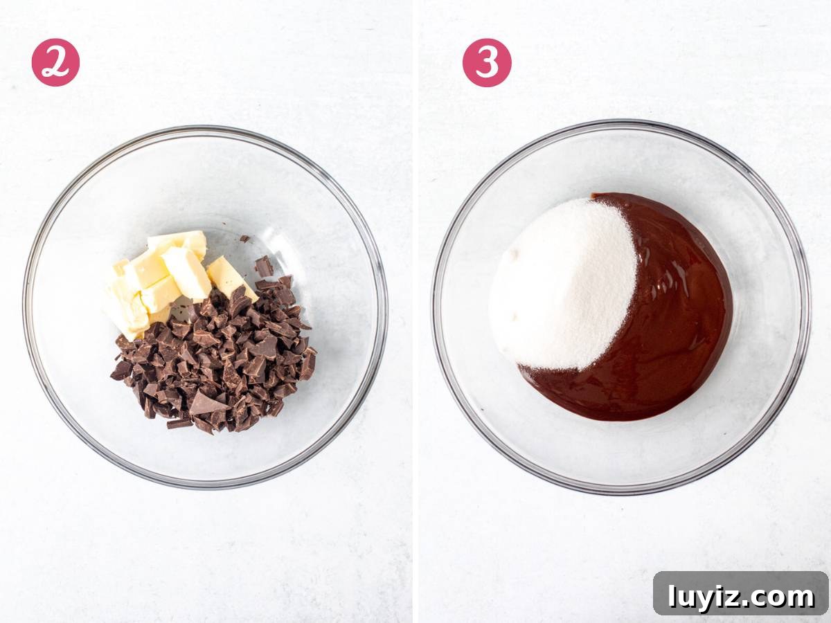 Decadent Flourless Chocolate Cake Recipe (Gluten-Free) 5 Bowl of butter and chocolate and bowl of melted butter and chocolate with sugar added into the bowl.