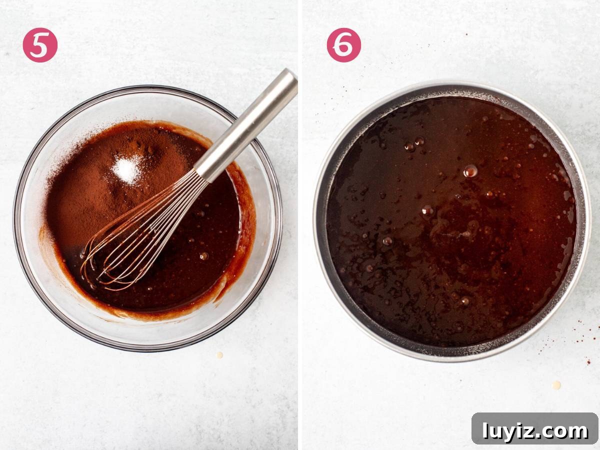 Decadent Flourless Chocolate Cake Recipe (Gluten-Free) 7 Bowl of chocolate batter with cocoa added to the bowl and unbaked chocolate cake