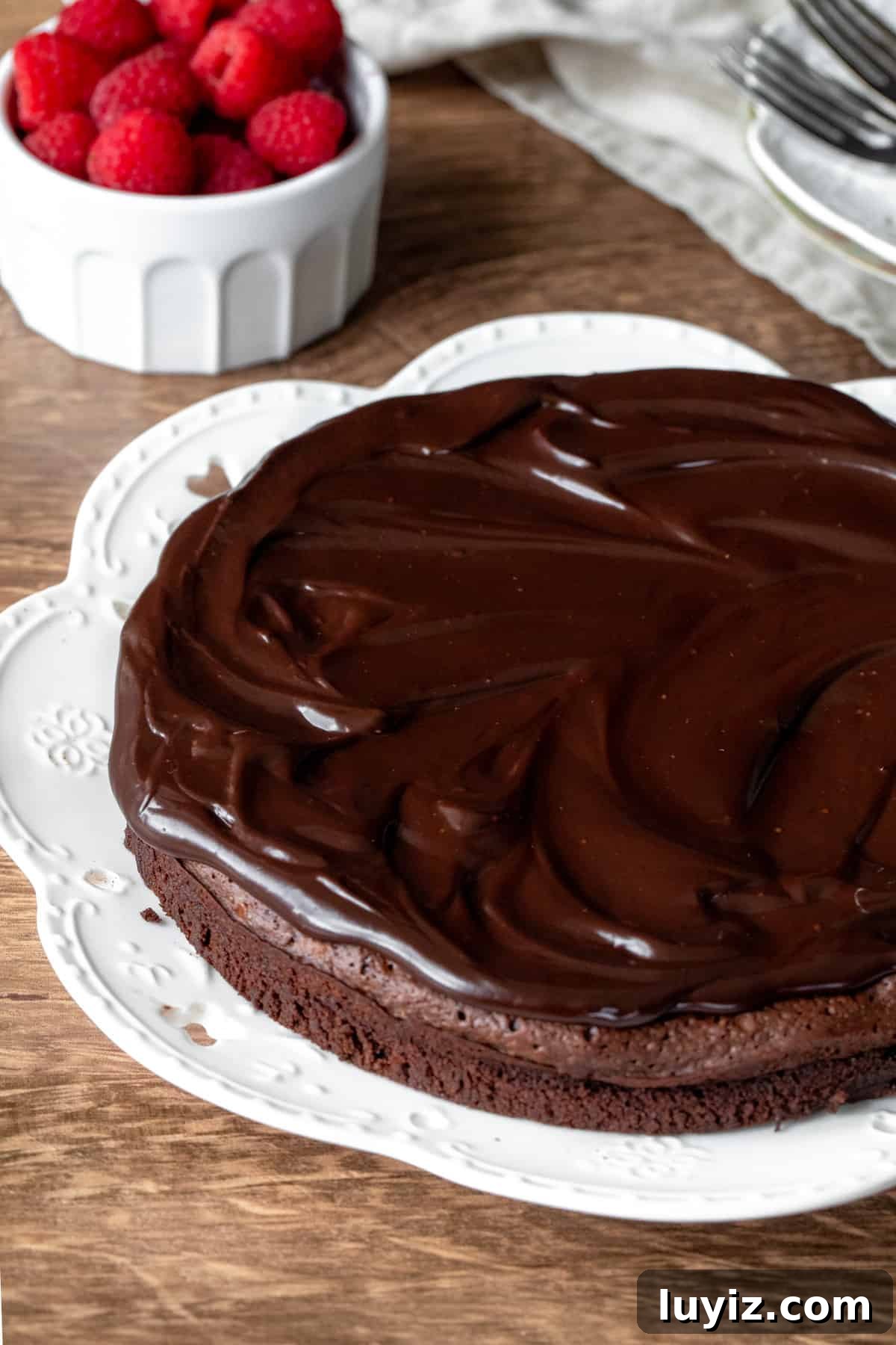 Decadent Flourless Chocolate Cake Recipe (Gluten-Free) 8 8-inch round flourless chocolate cake with chocolate ganache on top