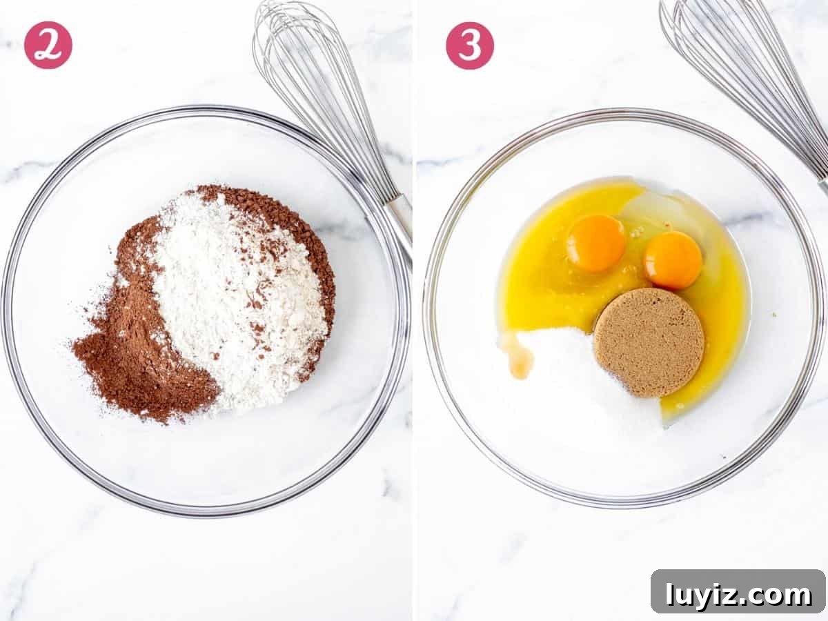 Bowl of dry ingredients and bowl of wet ingredients for making banana bread