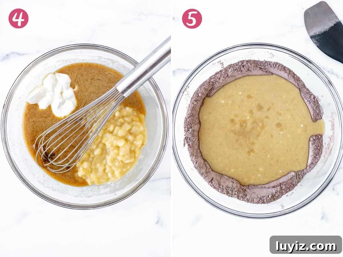 2 steps showing how to make chocolate banana bread