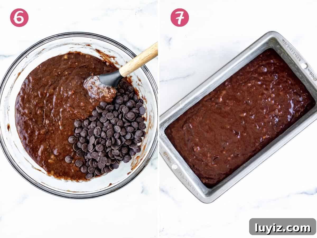 Bowl of chocolate banana bread batter and loaf pan of batter.