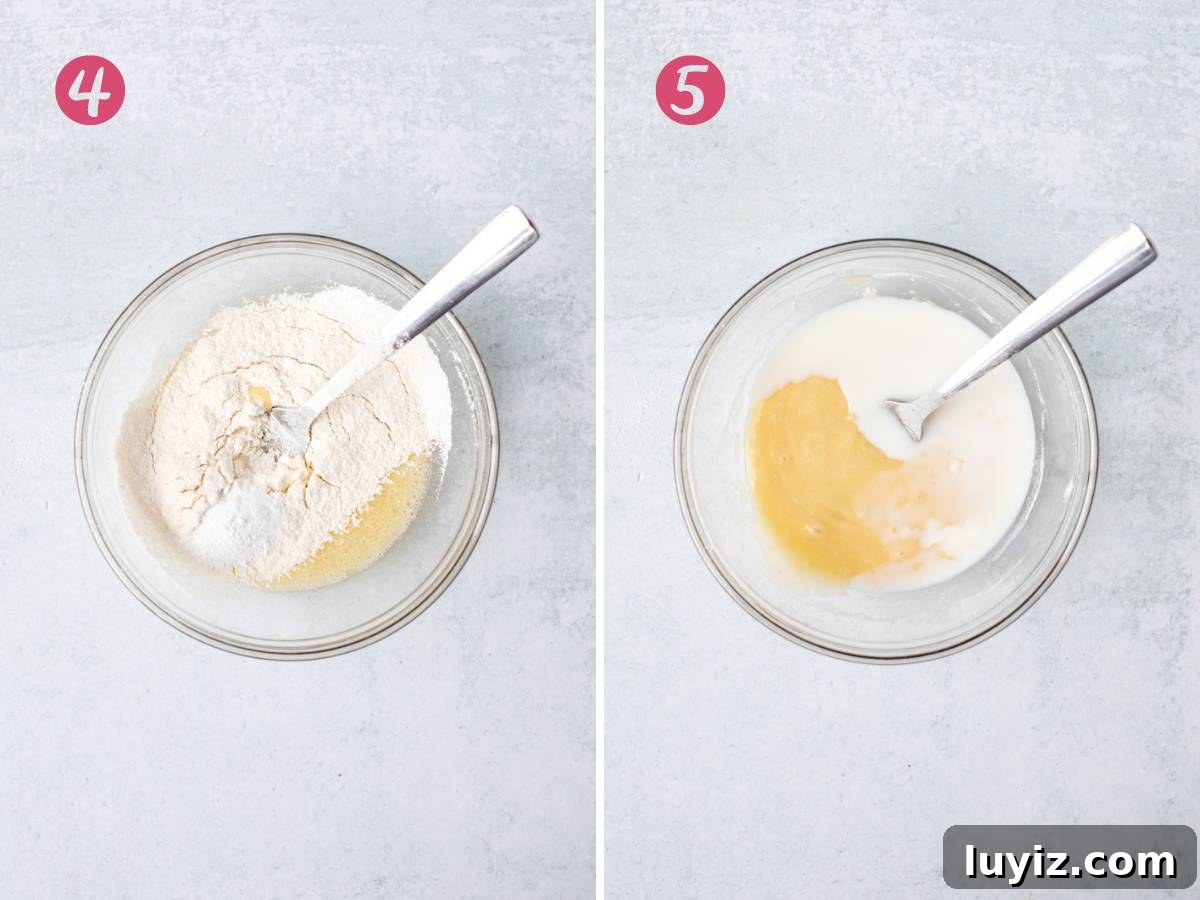 Perfect Vanilla Cupcakes for Two: Simple Small-Batch Recipe 4 Small bowl with flour added into butter mixture, and small bowl with cupcake batter and milk added in.