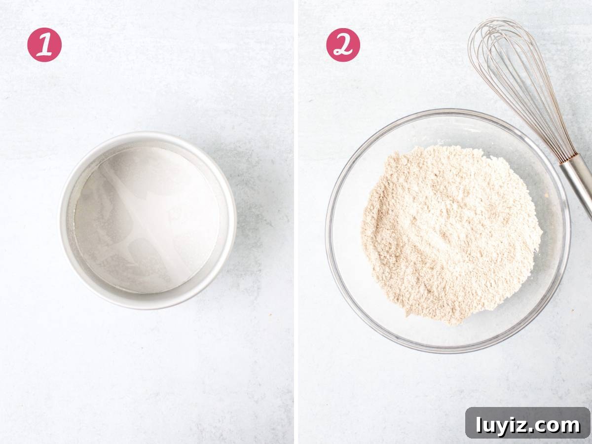 Mini Carrot Cake Recipe: Moist Layered Cupcakes for Any Occasion 4 Prepared 6-inch cake pan and bowl of dry ingredients whisked together