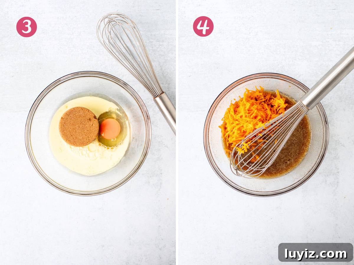 Mini Carrot Cake Recipe: Moist Layered Cupcakes for Any Occasion 5 Bowl of wet ingredients and grated carrot