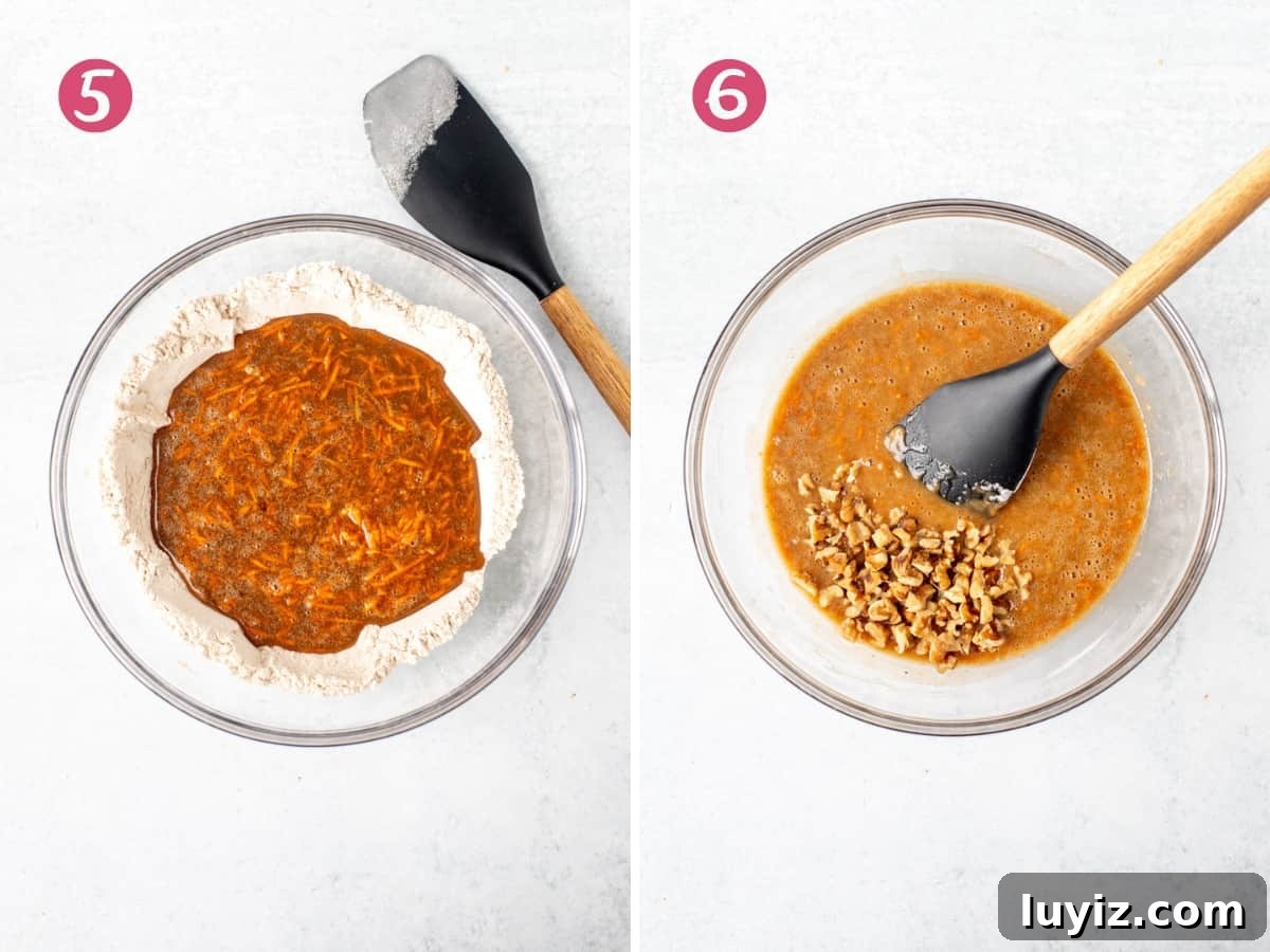 Mini Carrot Cake Recipe: Moist Layered Cupcakes for Any Occasion 6 Bowl of carrot cake batter with chopped walnuts