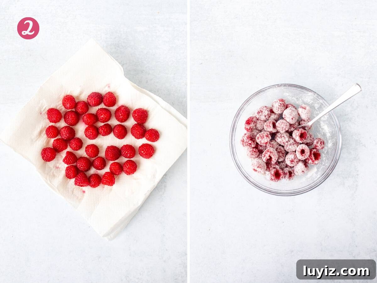 Zesty Lemon Raspberry Quick Bread Recipe 4 Raspberries on a piece of paper towel, and small bowl of raspberries tossed in flour
