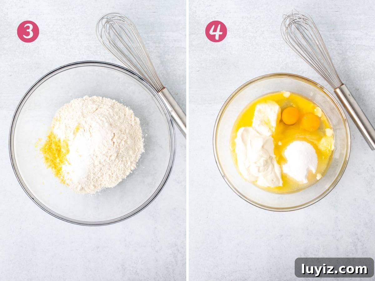 Zesty Lemon Raspberry Quick Bread Recipe 5 Bowl of dry ingredients and bowl of wet ingredients for making lemon raspberry bread