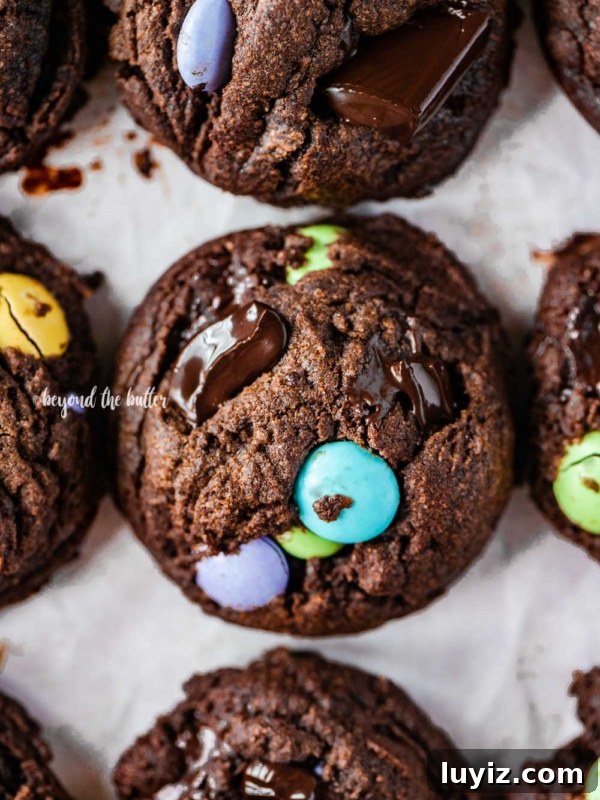 Carrot Cake Cookie Recipe: Moist, Spiced Cookies with Cream Cheese Frosting 13 Closeup overhead image of double chocolate chunk cookies.