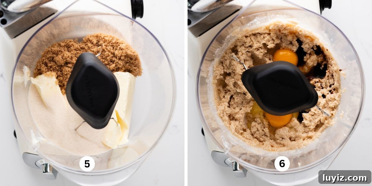 Carrot Cake Cookie Recipe: Moist, Spiced Cookies with Cream Cheese Frosting 8 Mixing butter and sugars together, then adding in the eggs and vanilla extract in an Ankarsrum mixer on white quartz background.