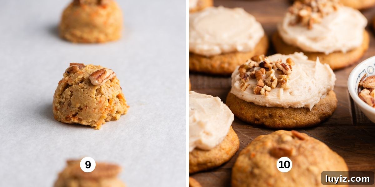 Carrot Cake Cookie Recipe: Moist, Spiced Cookies with Cream Cheese Frosting 10 Scooped carrot cake cookie dough on a parchment paper lined baking sheet and baked carrot cake cookies frosted with brown butter cinnamon cream cheese frosting topped with chopped pecans.