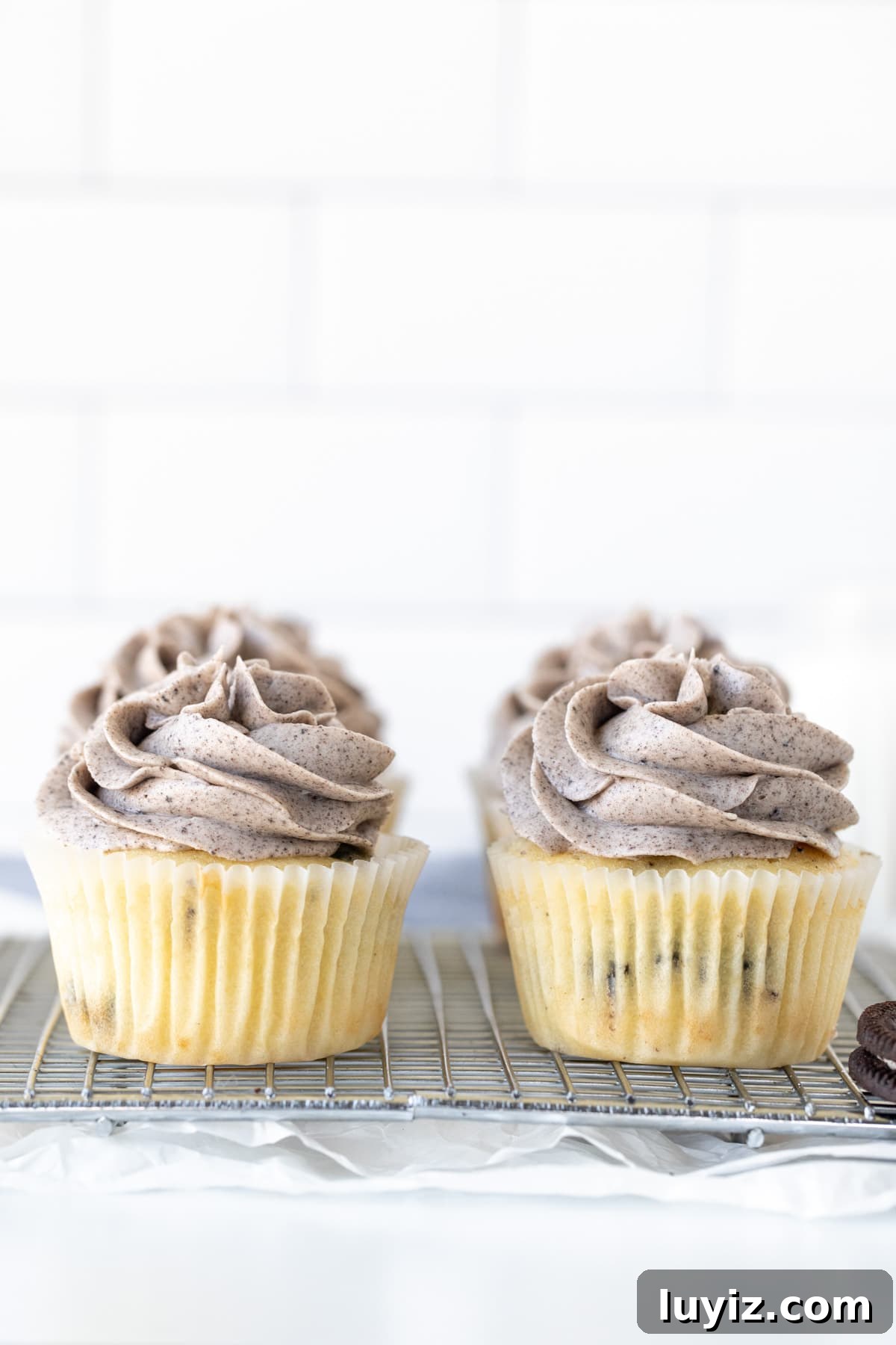 Decadent Oreo Cupcakes Recipe with Creamy Filling 3 Cookies and cream cupcakes on a wire cooling rack