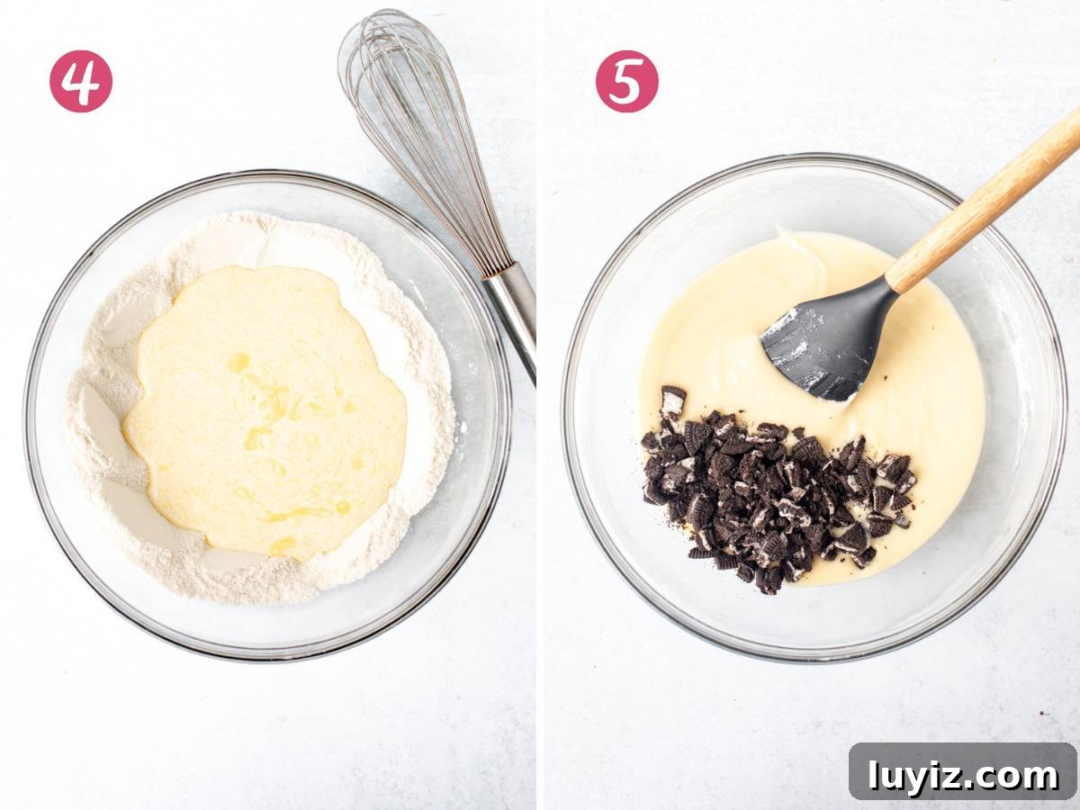 Decadent Oreo Cupcakes Recipe with Creamy Filling 5 Bowl of wet ingredients poured into dry ingredients, and bowl of cupcake batter with chopped Oreos