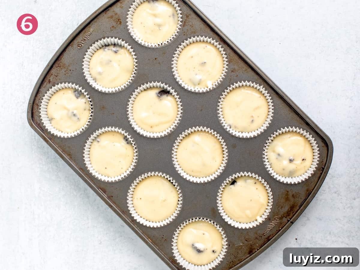 Decadent Oreo Cupcakes Recipe with Creamy Filling 6 Muffin tin of unbaked Oreo cupcakes