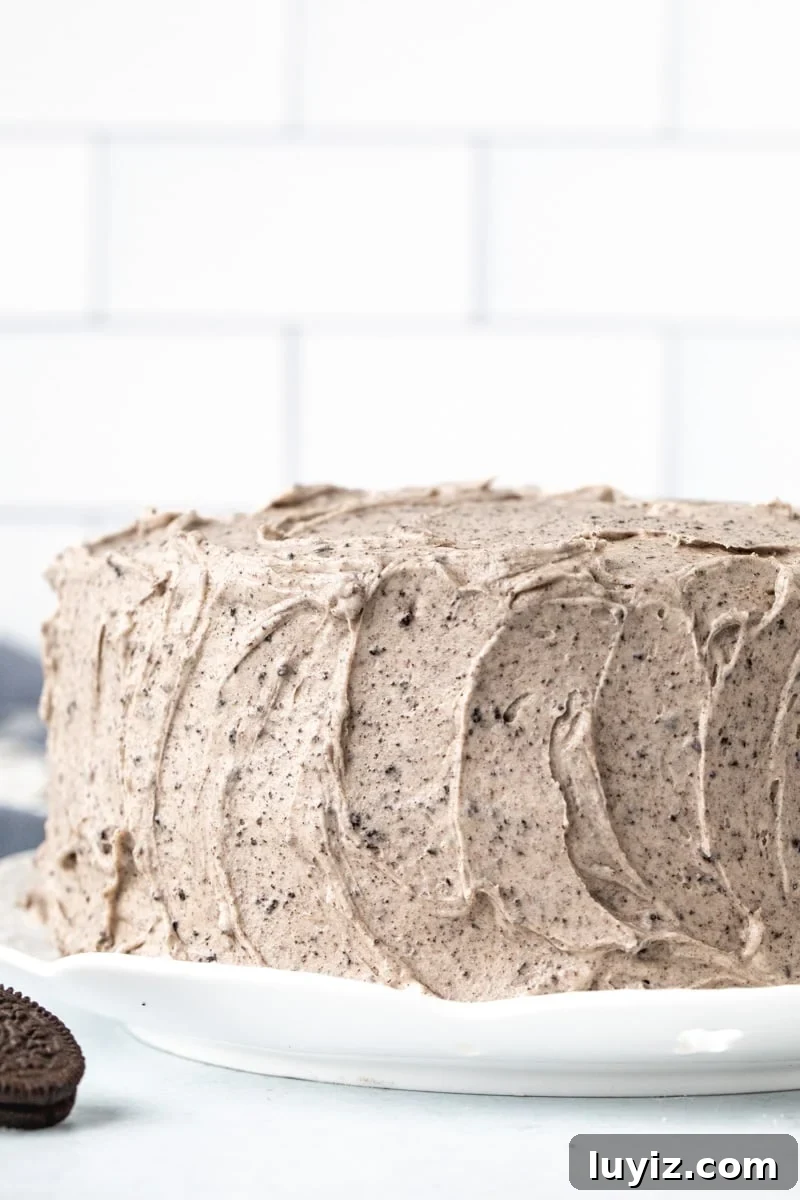 Oreo Layer Cake with Cookies & Cream Frosting 3 8-inch round cookies and cream cake with creamy Oreo frosting