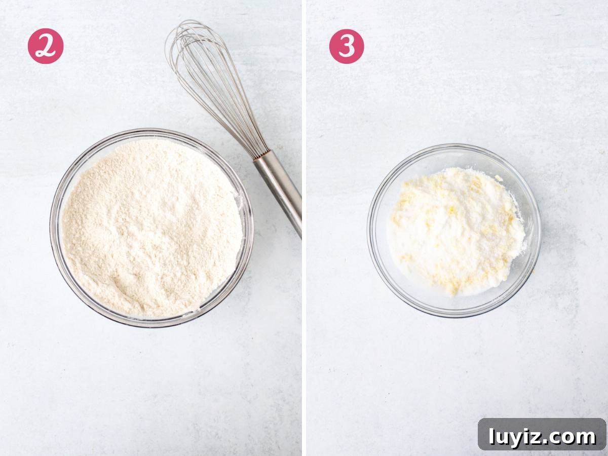 Crisp Lemon Sugar Cookies with Zesty Glaze Recipe 4 Bowl of dry ingredients whisked together and bowl of sugar and lemon zest