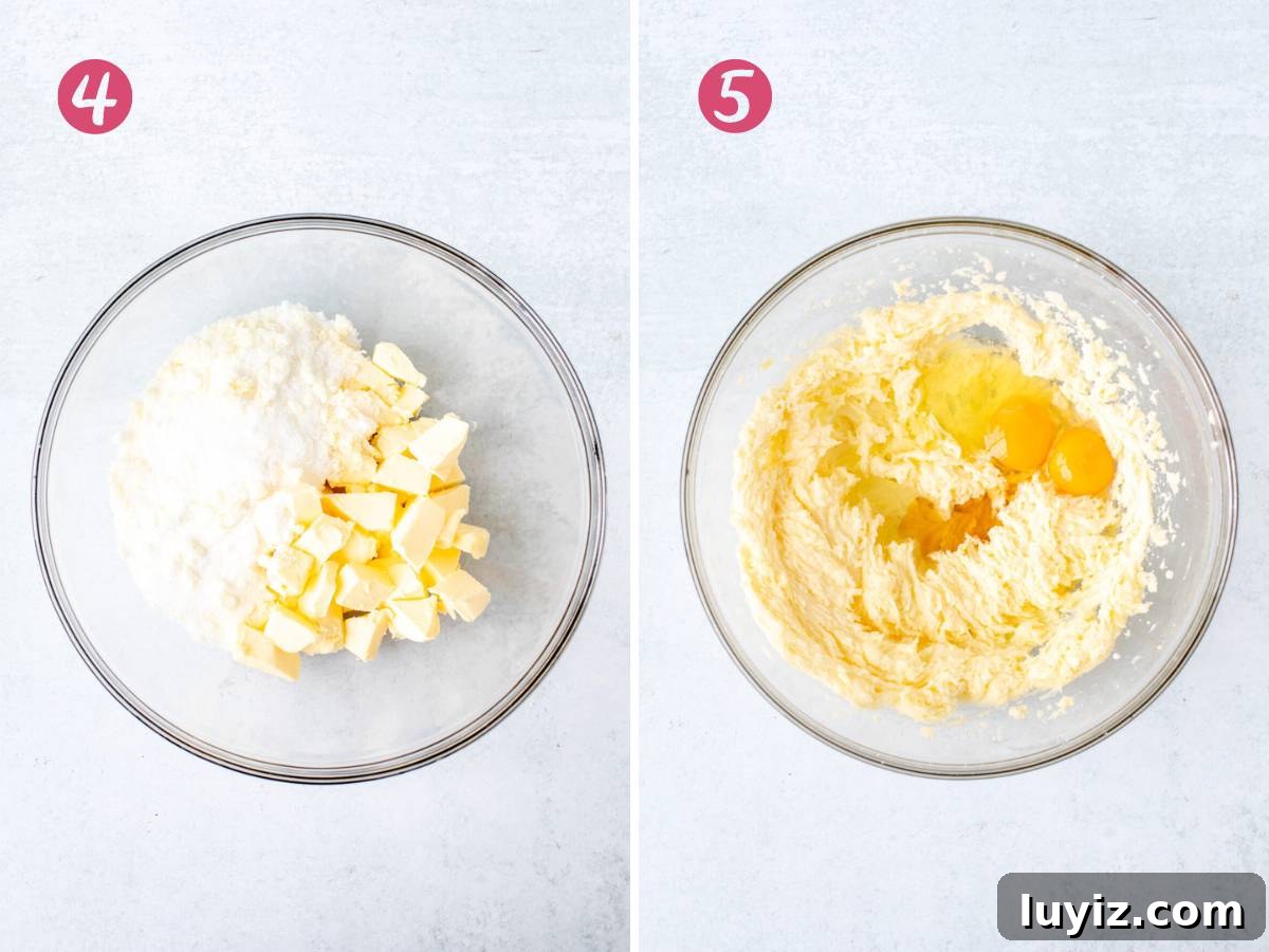 Crisp Lemon Sugar Cookies with Zesty Glaze Recipe 5 Bowl of cubed butter and sugar and bowl of butter and sugar mixed together with egg and egg yolk added.