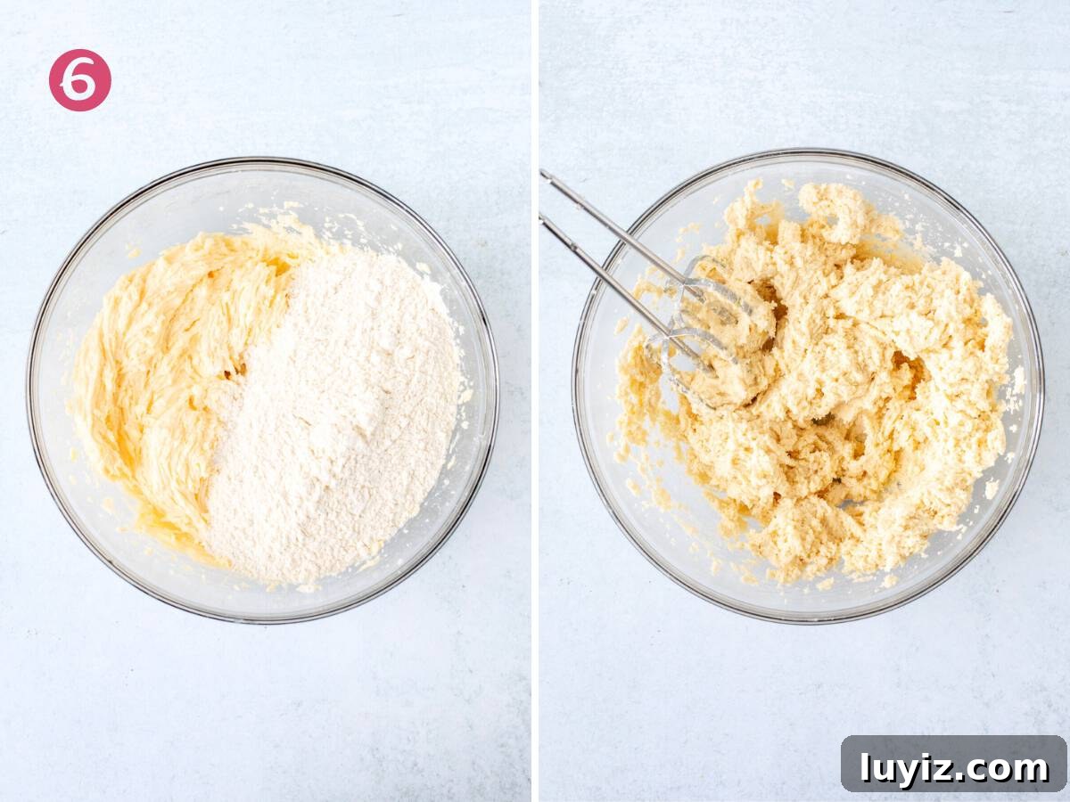 Crisp Lemon Sugar Cookies with Zesty Glaze Recipe 6 Bowl of dry ingredients added to butter and egg mixture, and bowl of lemon sugar cookie dough