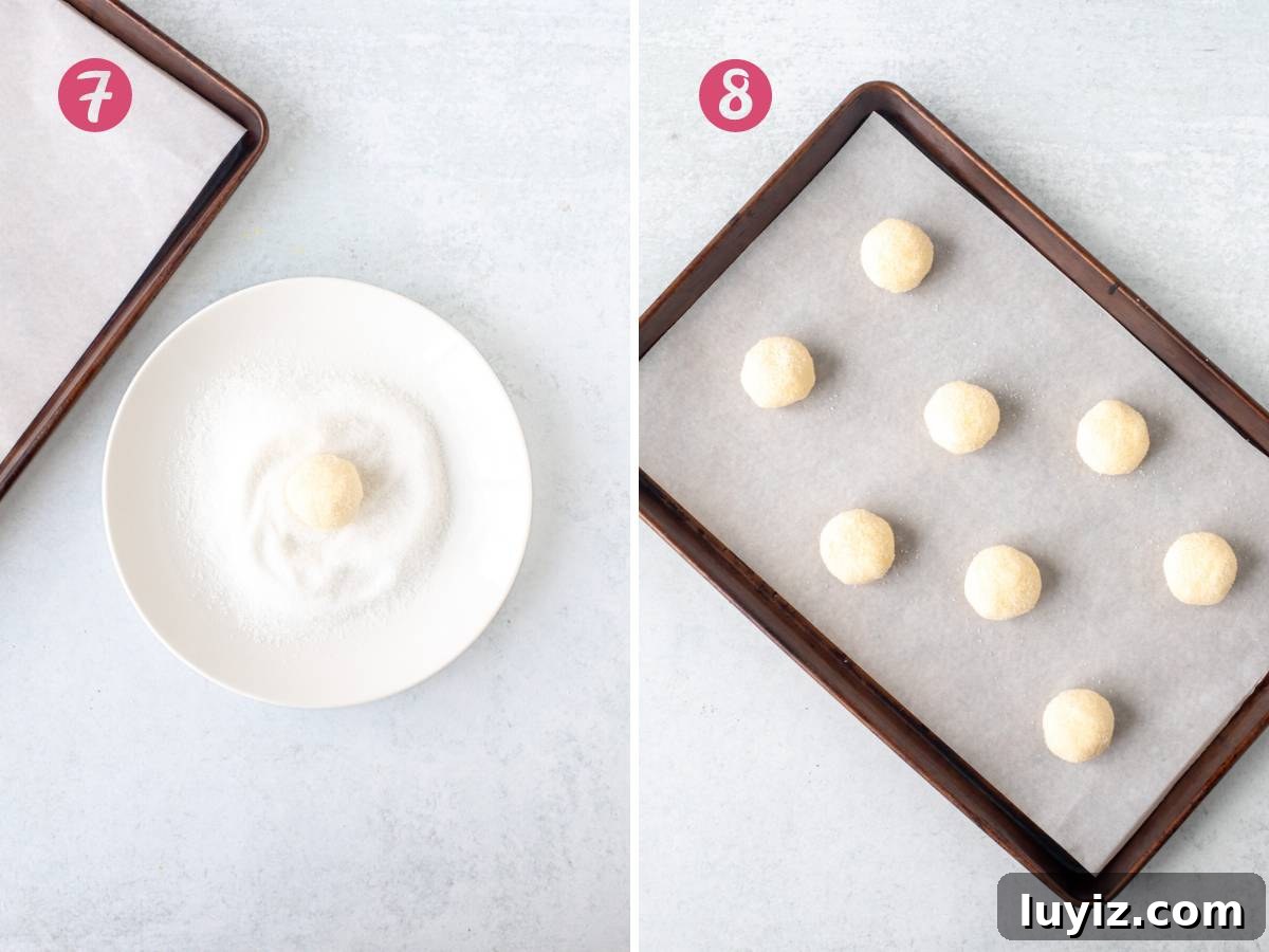 Crisp Lemon Sugar Cookies with Zesty Glaze Recipe 7 Cookie dough ball rolled in sugar and cookie tray of unbaked lemon sugar cookies