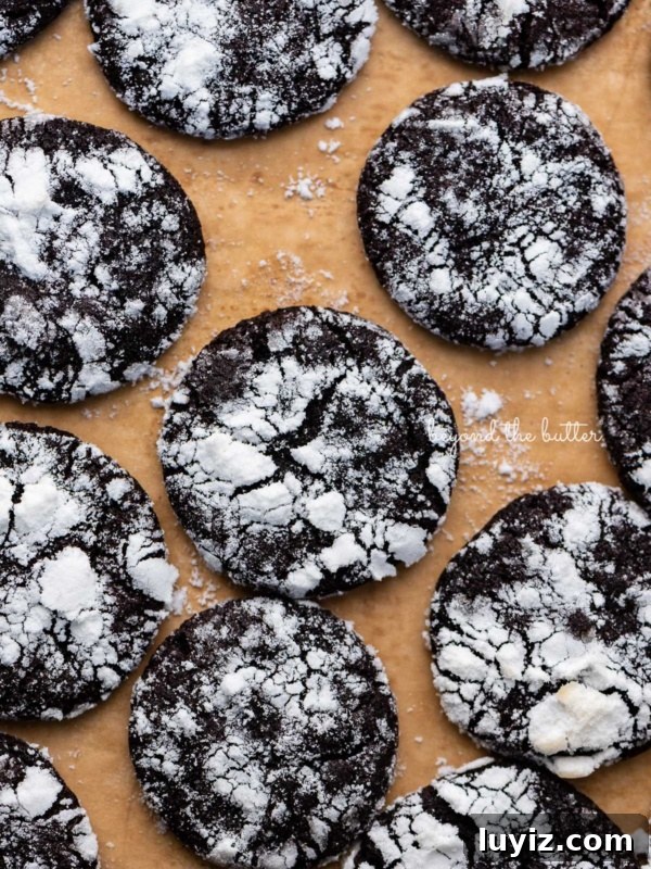 Decadent Chocolate Brownie Ice Cream Recipe & Serving Tips 11 Just baked dark chocolate crinkle cookies on a brown parchment paper lined baking sheet.