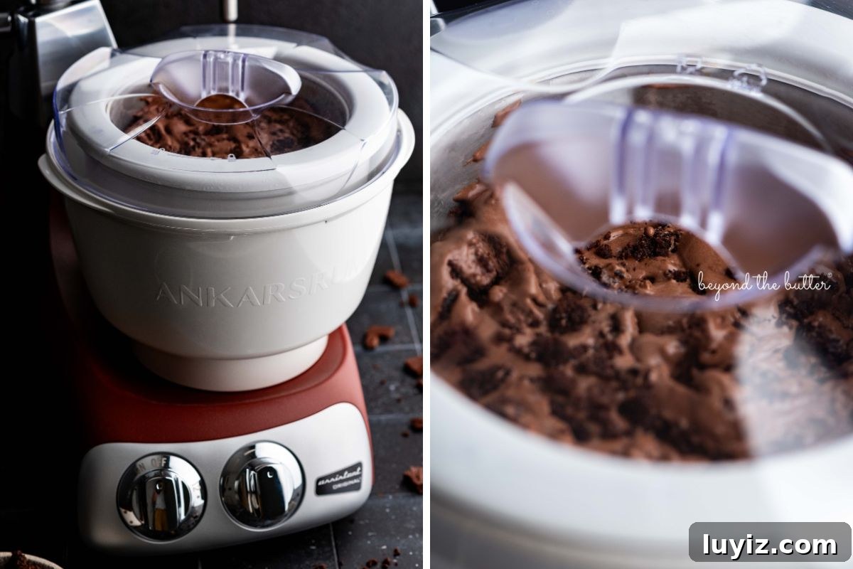 Decadent Chocolate Brownie Ice Cream Recipe & Serving Tips 3 Two images of the rustic maroon Ankarsrum assistent original mixer and ice cream maker attachment making ice cream on black background.