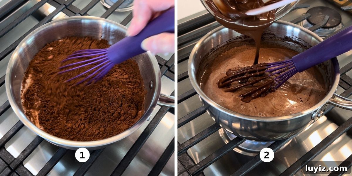 Decadent Chocolate Brownie Ice Cream Recipe & Serving Tips 5 Whisking heavy cream, whole milk, dutch process cocoa powder, granulated sugar, salt, vanilla extract, and melted chocolate together in a stainless steel pan over medium heat.