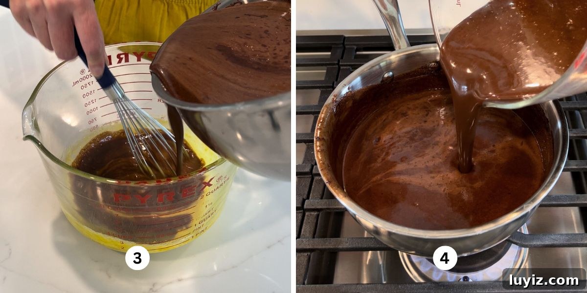 Decadent Chocolate Brownie Ice Cream Recipe & Serving Tips 6 Tempering the chocolate cream mixture with the whisked egg yolks, then pouring it back into the remaining chocolate cream mixture to make the chocolate custard ice cream base.