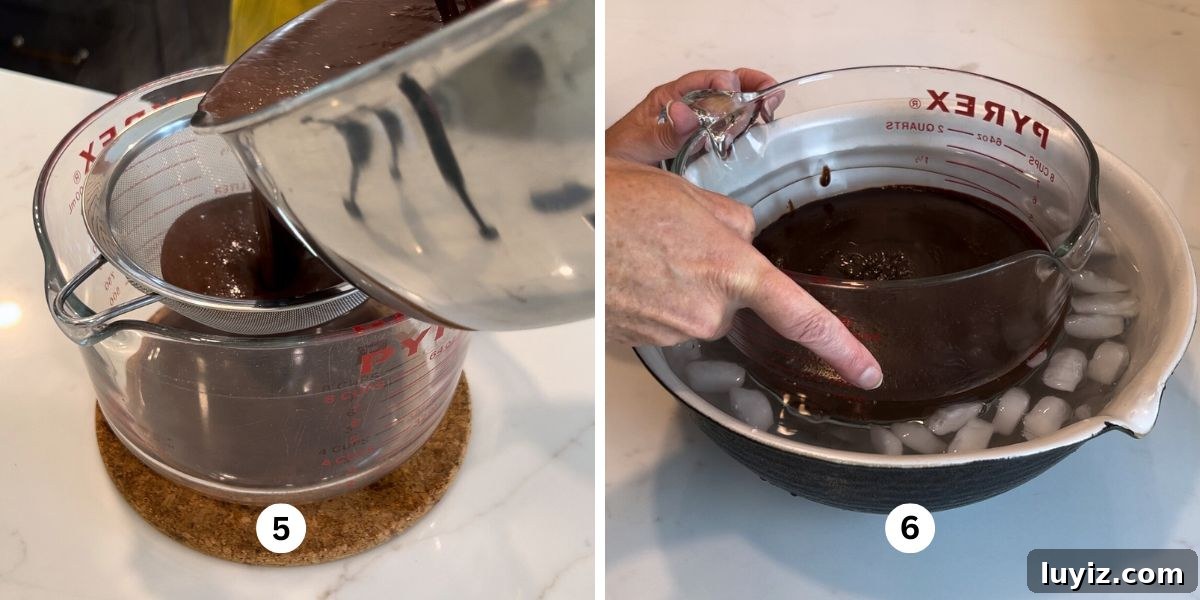 Decadent Chocolate Brownie Ice Cream Recipe & Serving Tips 7 Pouring the chocolate custard ice cream base through a fine mesh sieve then chilling it to room temperature in a large bowl of ice water.