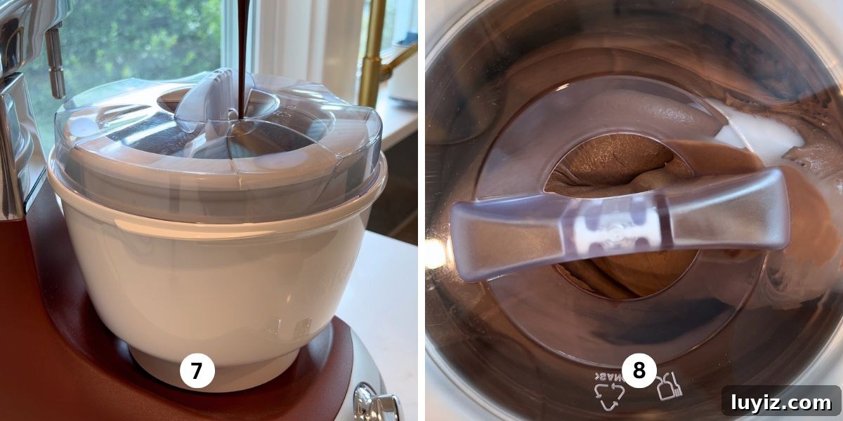 Decadent Chocolate Brownie Ice Cream Recipe & Serving Tips 8 Making chocolate ice custard cream in the rustic maroon Ankarsrum mixer and ice cream maker attachment.