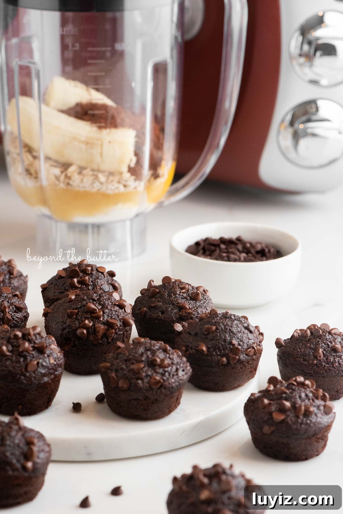 Mini Chocolate Banana Muffins: Quick Blender Recipe for Moist Bites 3 Mini chocolate banana oatmeal muffins placed in front of and around a rustic maroon colored Ankarsrum mixer and blender with small bowl of mini chocolate chips on a white background.