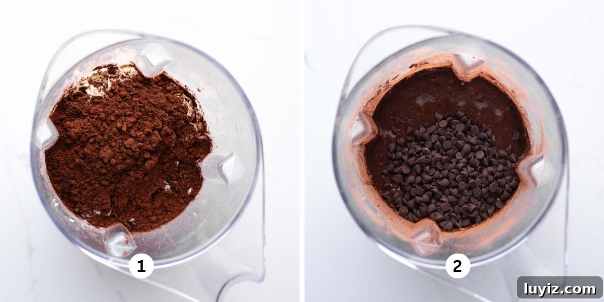 Mini Chocolate Banana Muffins: Quick Blender Recipe for Moist Bites 5 Two images of chocolate banana oatmeal muffin batter in a blender with second image topped with mini chocolate chips on a white background.