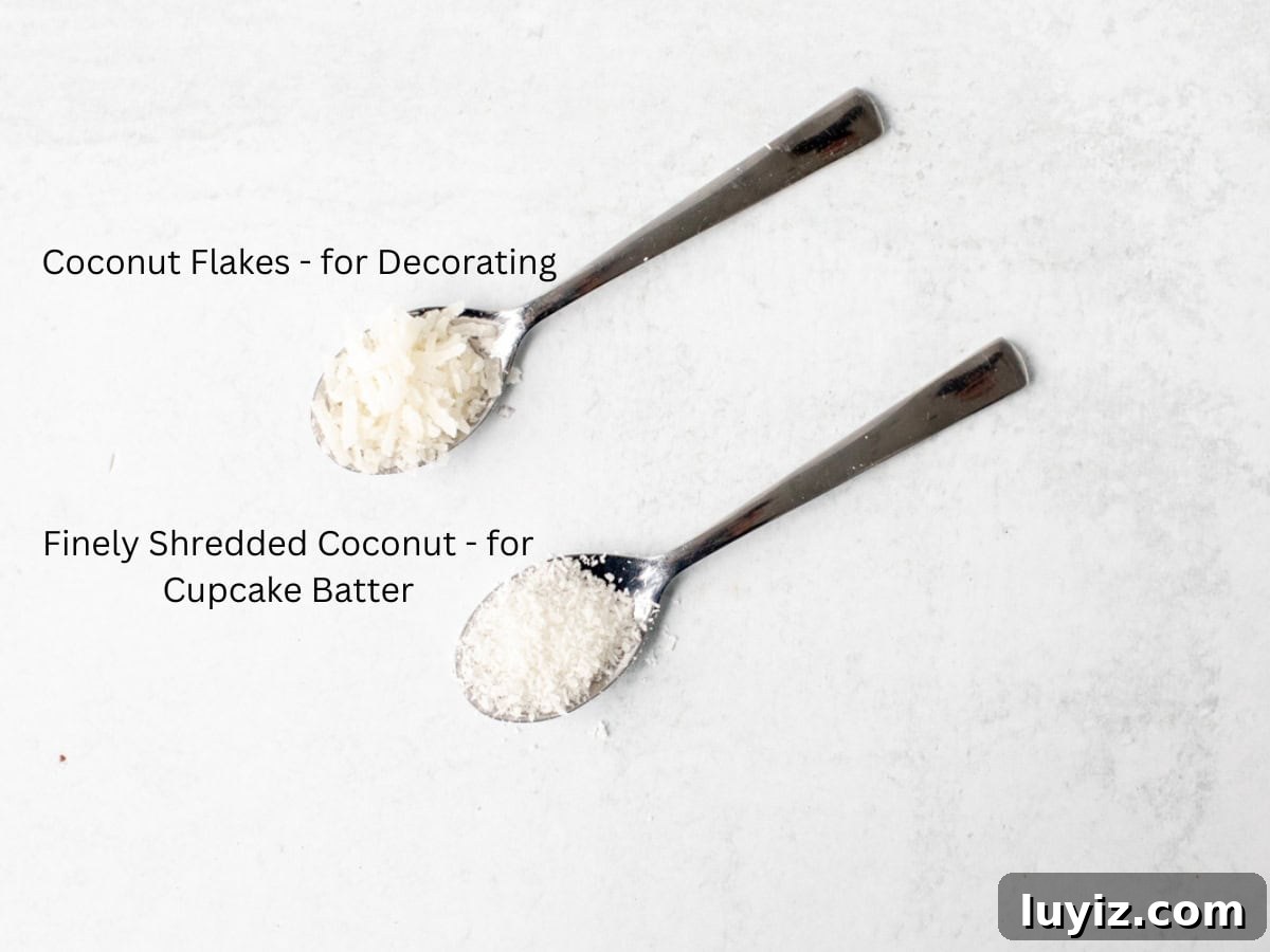 Coconut Cupcakes Recipe: Moist, Tropical Frosted Treats 3 Spoonful of coconut flakes, and spoonful of finely shredded coconut.