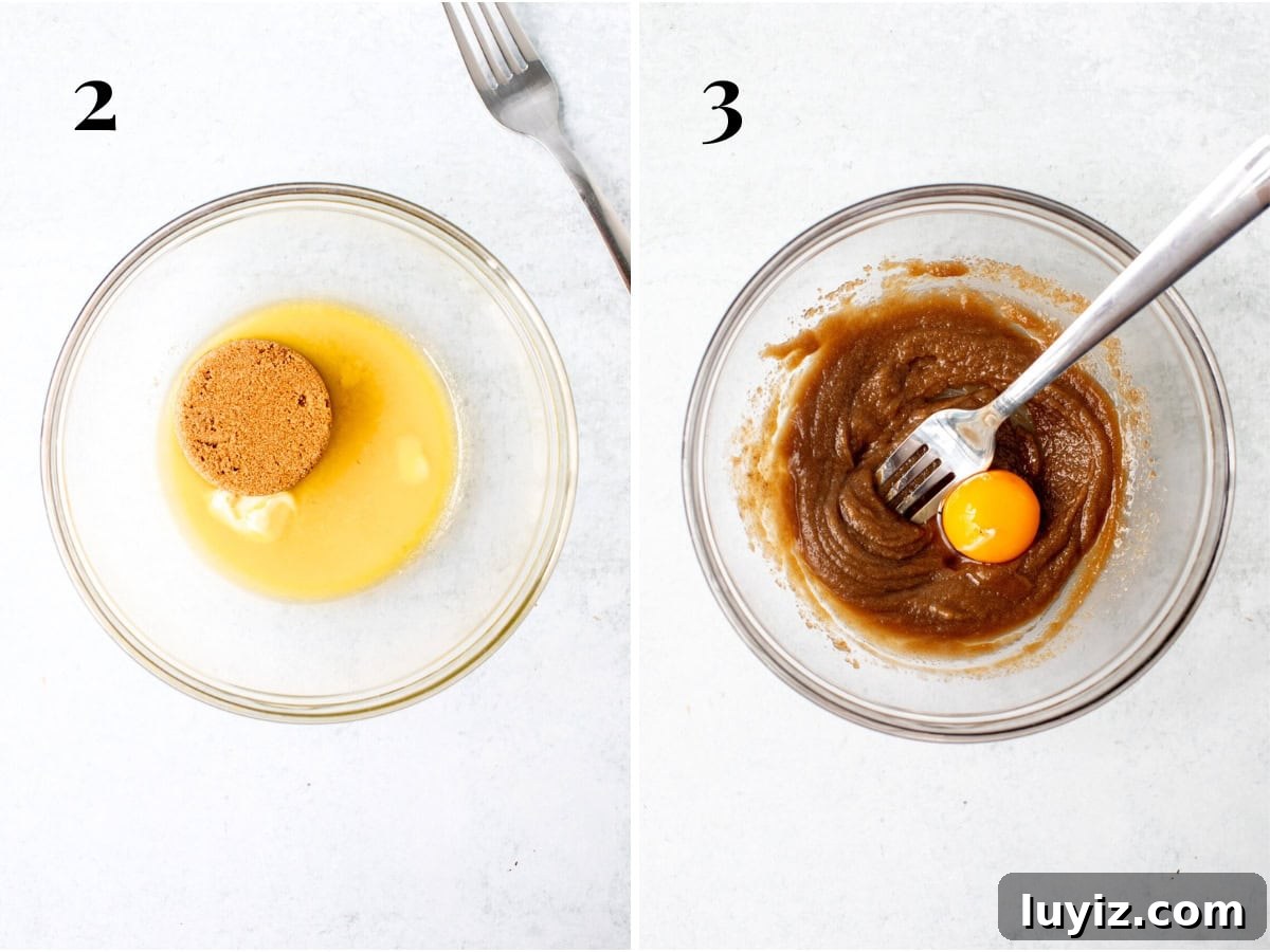 Single-Serve Chocolate Cookie Recipe for One (Quick & Gooey) 4 Bowl of melted butter and sugar, and bowl of melted butter and sugar whisked together with egg yolk and vanilla extract added