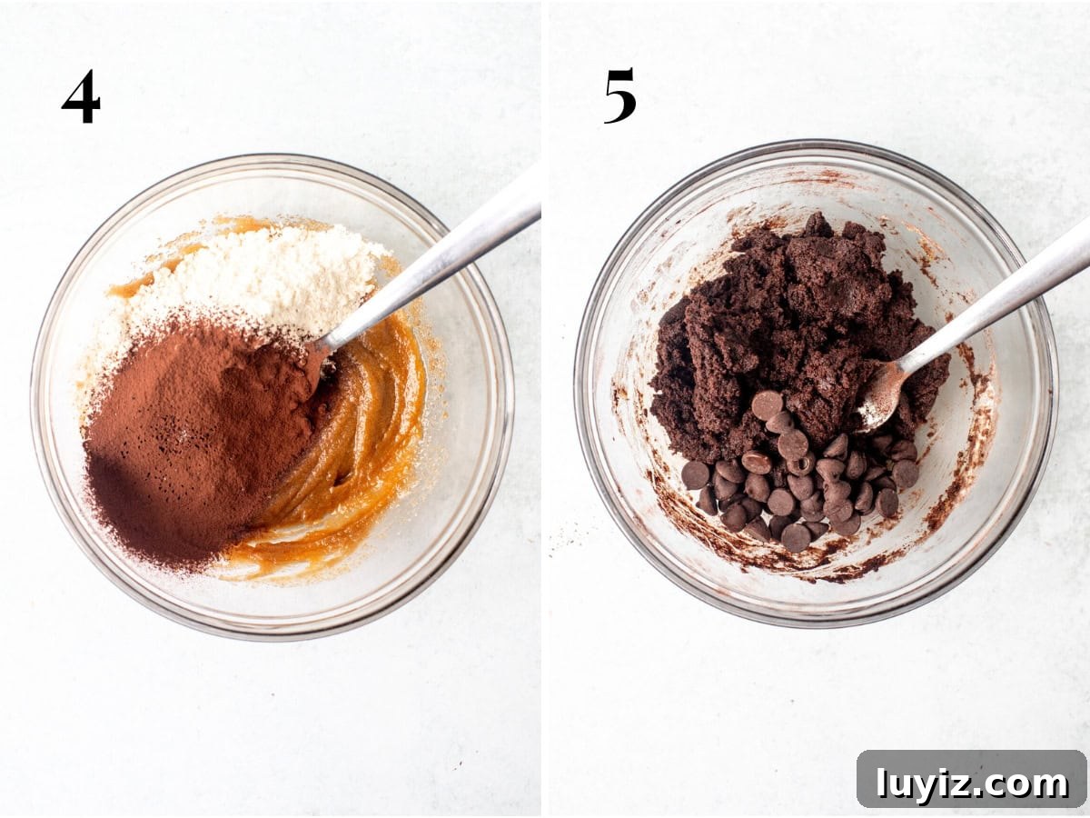 Single-Serve Chocolate Cookie Recipe for One (Quick & Gooey) 5 Bowl of single serving cookie dough with dry ingredients added to the bowl, and bowl of cookie dough for a single cookie with chocolate chips added