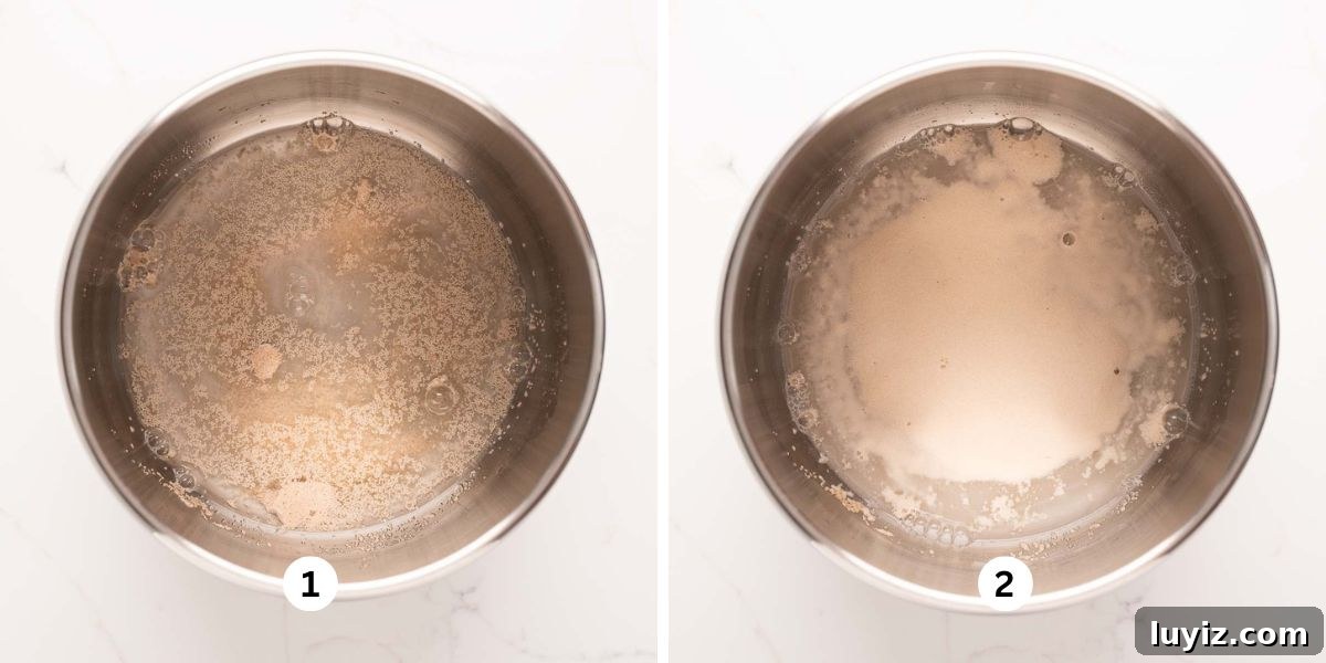 Classic French Bread Recipe for Crispy Crust and Soft Crumb 4 Two images of a large stainless steel bowl with first image showing a mixture of warm water, granulated sugar, and active dry yeast and the second image showing the foamy top after the yeast has proofed.