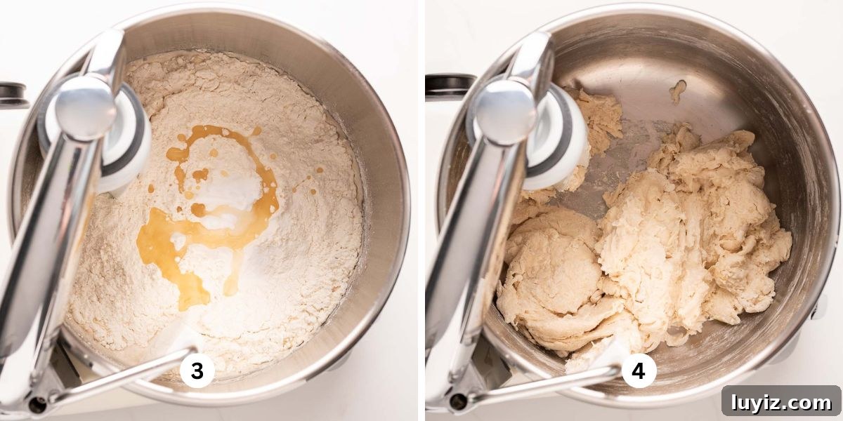 Classic French Bread Recipe for Crispy Crust and Soft Crumb 5 Two images of an Ankarsrum mixer adding all-purpose flour, salt, and oil to the mixing bowl and then mixing it into the dough for first rise.