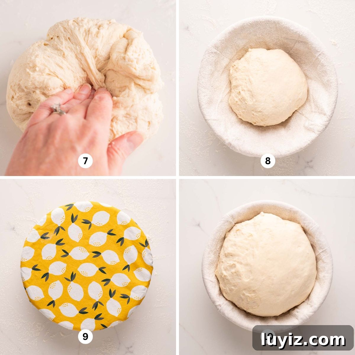 Classic French Bread Recipe for Crispy Crust and Soft Crumb 7 4 images showing a hand kneading dough, the dough in a banneton, the dough covered with a lemon yellow colored food bowl cover, and the bread dough proofed and ready to bake.
