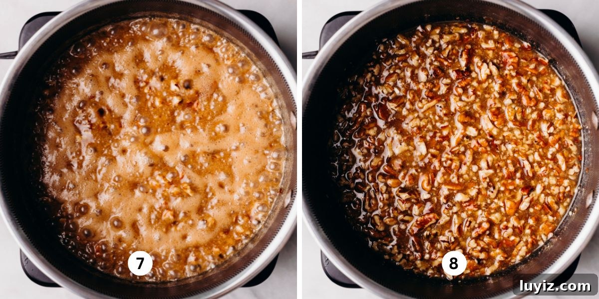 Pecan Pie Cheesecake Recipe — Decadent Homemade Dessert 13 Bringing the pecan pie mixture to a boil, in a saucepan, then letting it simmer.
