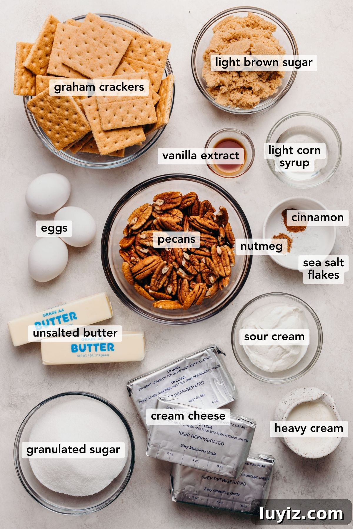Pecan Pie Cheesecake Recipe — Decadent Homemade Dessert 3 Ingredients in various size bowls and plates labeled as graham crackers, light brown sugar, vanilla extract, light corn syrup, eggs, pecans, nutmeg, cinnamon, sea salt flakes, unsalted butter, sour cream, heavy cream, granulated sugar, and cream cheese on a white marbled background.