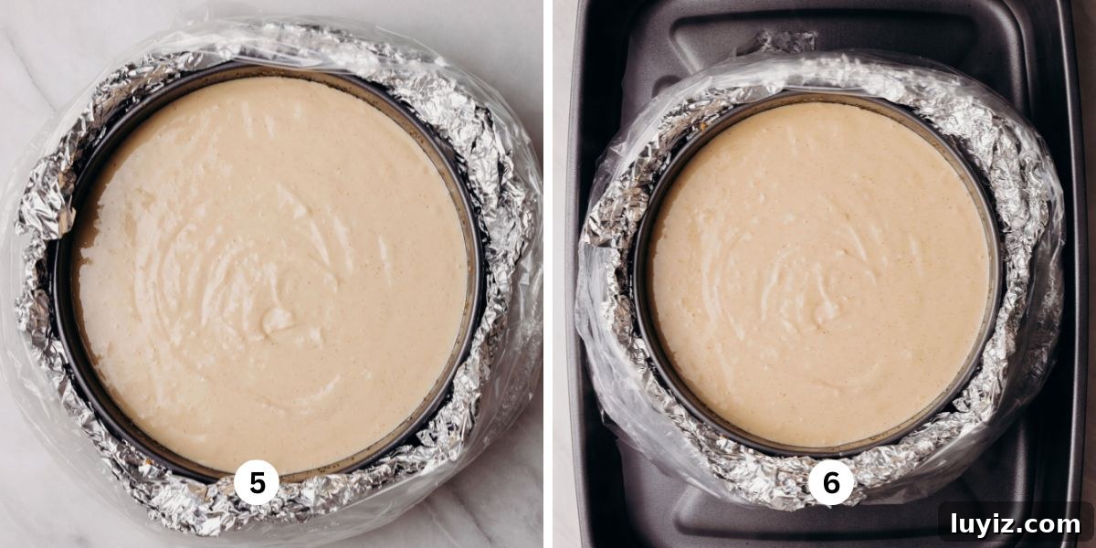Pecan Pie Cheesecake Recipe — Decadent Homemade Dessert 9 Transferring cheesecake batter to a prepared springform pan then transferring it to a large roasting pan.