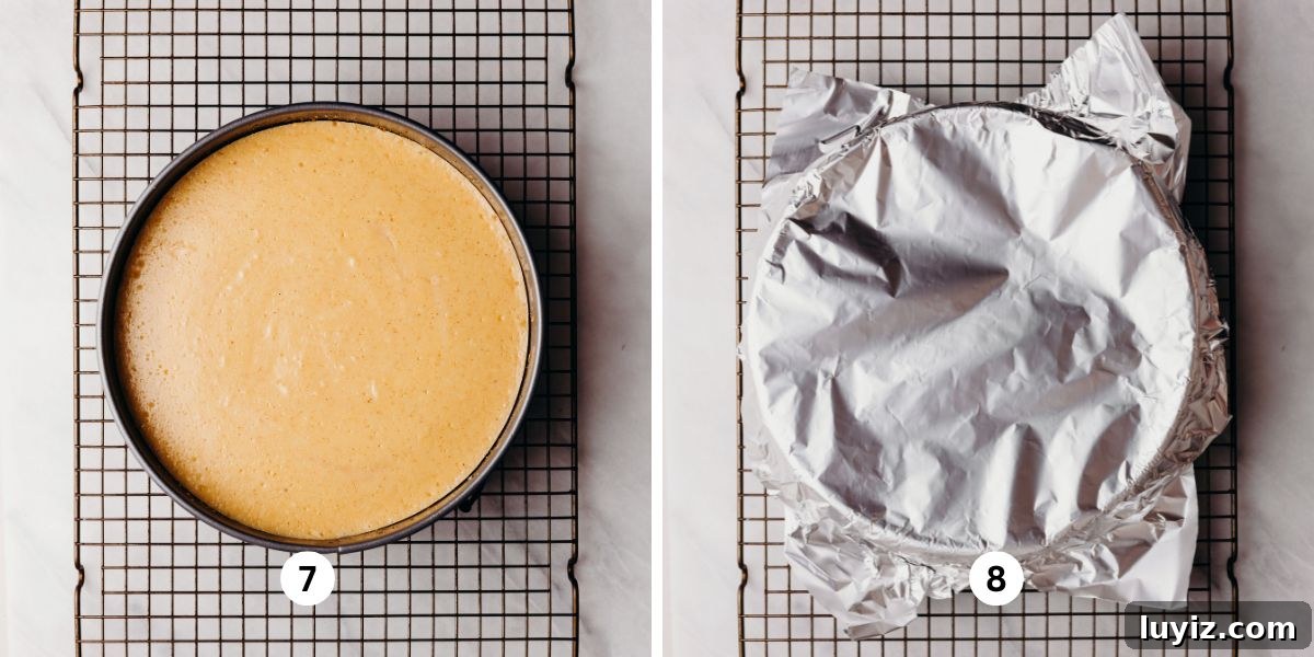 Pecan Pie Cheesecake Recipe — Decadent Homemade Dessert 10 Cooled down cheesecake on a wire cooling rack, then covered loosely with paper towel and aluminum foil.