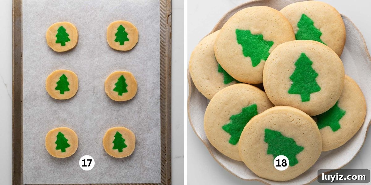 Festive Slice-and-Bake Cookies for Holiday Baking 11 Slice and bake cookies placed on a parchment paper lined baking sheet and then baked and placed on a dessert plate.