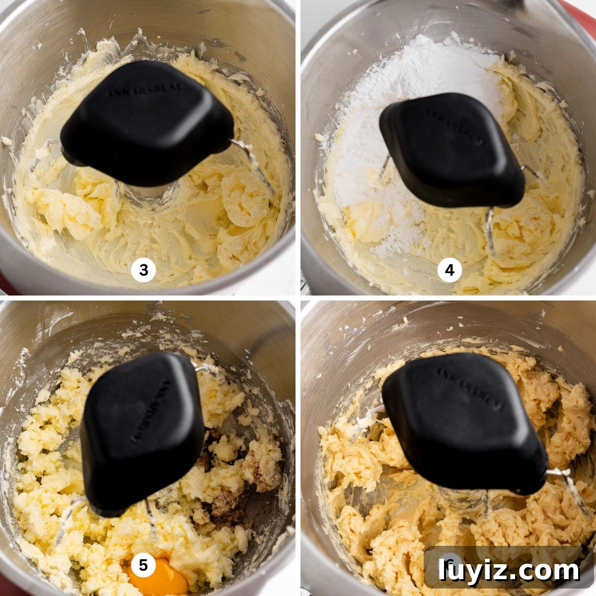 Festive Slice-and-Bake Cookies for Holiday Baking 6 Four images showing butter, powdered sugar, eggs, and extracts being mixed together in an Ankarsrum mixer.